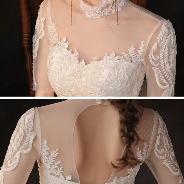 Vintage / Retro Champagne See-through Bridal Wedding Dresses 2020 Ball Gown High Neck 1/2 Sleeves Backless Appliques Lace Beading Cathedral Train Ruffle