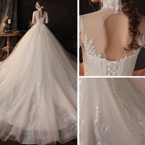 Vintage / Retro Champagne See-through Bridal Wedding Dresses 2020 Ball Gown High Neck 1/2 Sleeves Backless Appliques Lace Beading Cathedral Train Ruffle