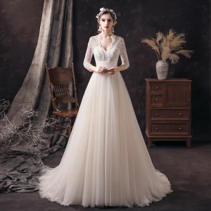 Affordable Champagne Lace Bridal Wedding Dresses 2020 A Line Princess V Neck 3 4 Sleeve Backless Beading Pearl Sweep Train Ruffle