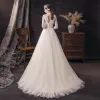 Affordable Champagne Lace Bridal Wedding Dresses 2020 A-Line / Princess V-Neck 3/4 Sleeve Backless Beading Pearl Sweep Train Ruffle