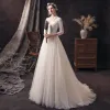 Affordable Champagne Lace Bridal Wedding Dresses 2020 A-Line / Princess V-Neck 3/4 Sleeve Backless Beading Pearl Sweep Train Ruffle