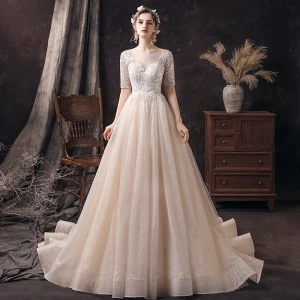 Affordable Champagne See Through Wedding Dresses 2020 A Line Princess Scoop Neck 1 2 Sleeves Backless Appliques Sequins Beading Glitter Tulle Sweep Train Ruffle