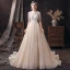 Affordable Champagne See-through Wedding Dresses 2020 A-Line / Princess Scoop Neck 1/2 Sleeves Backless Appliques Sequins Beading Glitter Tulle Sweep Train Ruffle