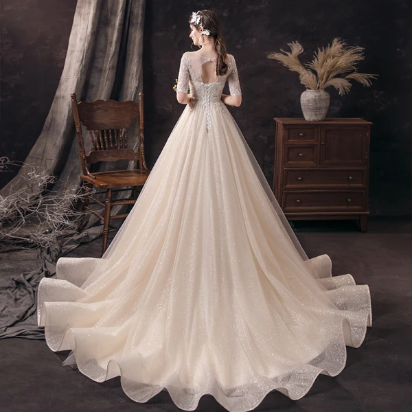 Affordable Champagne See-through Wedding Dresses 2020 A-Line / Princess Scoop Neck 1/2 Sleeves Backless Appliques Sequins Beading Glitter Tulle Sweep Train Ruffle