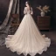 Affordable Champagne See-through Wedding Dresses 2020 A-Line / Princess Scoop Neck 1/2 Sleeves Backless Appliques Sequins Beading Glitter Tulle Sweep Train Ruffle