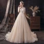 Affordable Champagne See-through Wedding Dresses 2020 A-Line / Princess Scoop Neck 1/2 Sleeves Backless Appliques Sequins Beading Glitter Tulle Sweep Train Ruffle