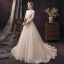 Affordable Champagne See-through Wedding Dresses 2020 A-Line / Princess Scoop Neck 1/2 Sleeves Backless Appliques Sequins Beading Glitter Tulle Sweep Train Ruffle