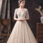 Affordable Champagne See-through Wedding Dresses 2020 A-Line / Princess Scoop Neck 1/2 Sleeves Backless Appliques Sequins Beading Glitter Tulle Sweep Train Ruffle