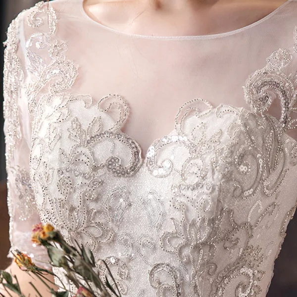 Affordable Champagne See-through Wedding Dresses 2020 A-Line / Princess Scoop Neck 1/2 Sleeves Backless Appliques Sequins Beading Glitter Tulle Sweep Train Ruffle