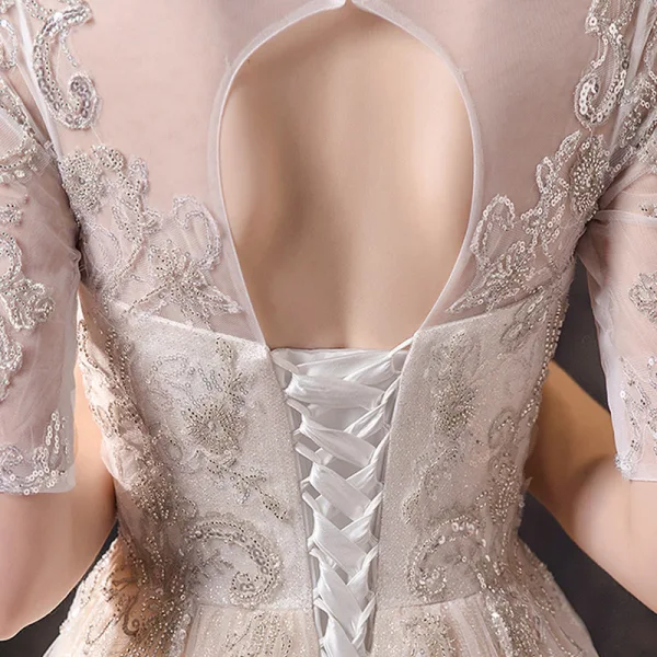 Affordable Champagne See-through Wedding Dresses 2020 A-Line / Princess Scoop Neck 1/2 Sleeves Backless Appliques Sequins Beading Glitter Tulle Sweep Train Ruffle