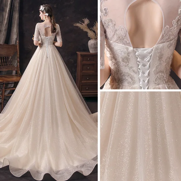 Affordable Champagne See-through Wedding Dresses 2020 A-Line / Princess Scoop Neck 1/2 Sleeves Backless Appliques Sequins Beading Glitter Tulle Sweep Train Ruffle