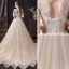 Affordable Champagne See-through Wedding Dresses 2020 A-Line / Princess Scoop Neck 1/2 Sleeves Backless Appliques Sequins Beading Glitter Tulle Sweep Train Ruffle