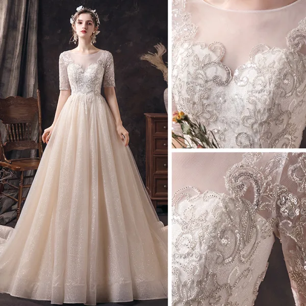 Affordable Champagne See-through Wedding Dresses 2020 A-Line / Princess Scoop Neck 1/2 Sleeves Backless Appliques Sequins Beading Glitter Tulle Sweep Train Ruffle