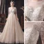 Affordable Champagne See-through Wedding Dresses 2020 A-Line / Princess Scoop Neck 1/2 Sleeves Backless Appliques Sequins Beading Glitter Tulle Sweep Train Ruffle