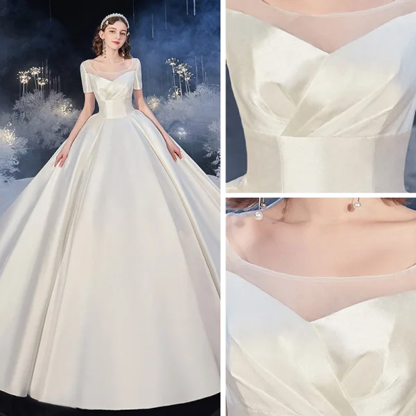 Mode Champagne Satin La Mariée Robe De Mariée 2020 Robe Boule Encolure Carrée Manches Courtes Dos Nu Cathedral Train Volants