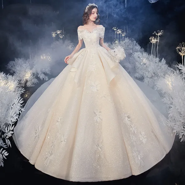 Luxury / Gorgeous Champagne Bridal Wedding Dresses 2020 Ball Gown Off-The-Shoulder Short Sleeve Backless Appliques Lace Beading Glitter Tulle Royal Train Ruffle