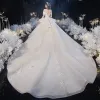 Luxury / Gorgeous Champagne Bridal Wedding Dresses 2020 Ball Gown Off-The-Shoulder Short Sleeve Backless Appliques Lace Beading Glitter Tulle Royal Train Ruffle