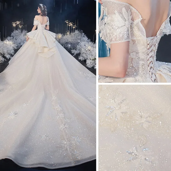 Luxe Champagne La Mariée Robe De Mariée 2020 Robe Boule De l'épaule Manches Courtes Dos Nu Appliques En Dentelle Perlage Glitter Tulle Royal Train Volants