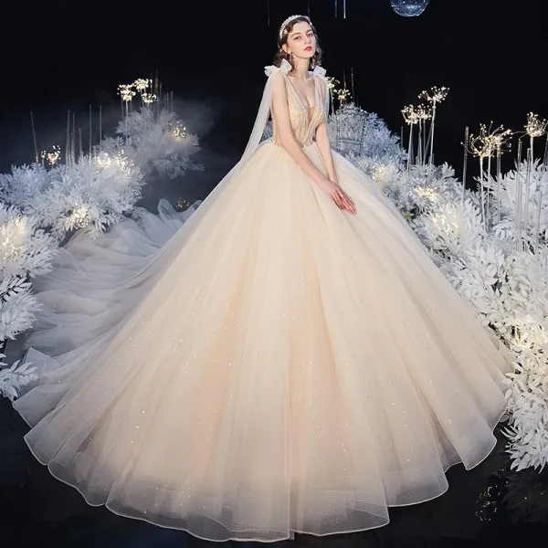 Luxury / Gorgeous Champagne Bridal Wedding Dresses 2020 Ball Gown See-through Deep V-Neck Sleeveless Backless Appliques Beading Glitter Tulle Cathedral Train