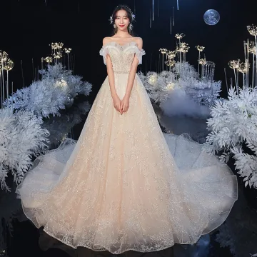 Chic Beautiful Champagne Bridal Wedding Dresses 2020 A Line Princess Off The Shoulder Short Sleeve Backless Appliques Sequins Beading Glitter Tulle Cathedral Train