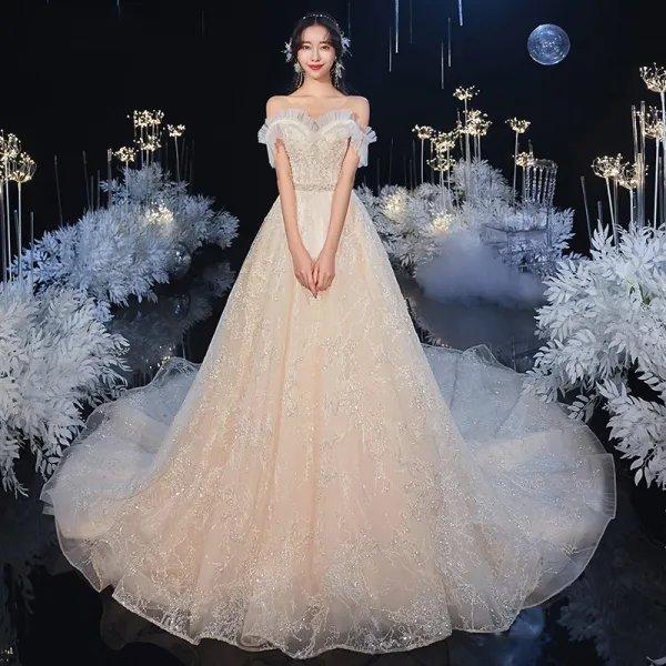Chic / Beautiful Champagne Bridal Wedding Dresses 2020 A-Line / Princess Off-The-Shoulder Short Sleeve Backless Appliques Sequins Beading Glitter Tulle Cathedral Train