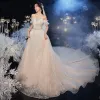 Chic / Beautiful Champagne Bridal Wedding Dresses 2020 A-Line / Princess Off-The-Shoulder Short Sleeve Backless Appliques Sequins Beading Glitter Tulle Cathedral Train