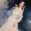 Chic / Belle Champagne La Mariée Robe De Mariée 2020 Princesse De l'épaule Manches Courtes Dos Nu Appliques Paillettes Perlage Glitter Tulle Cathedral Train