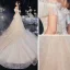 Chic / Belle Champagne La Mariée Robe De Mariée 2020 Princesse De l'épaule Manches Courtes Dos Nu Appliques Paillettes Perlage Glitter Tulle Cathedral Train