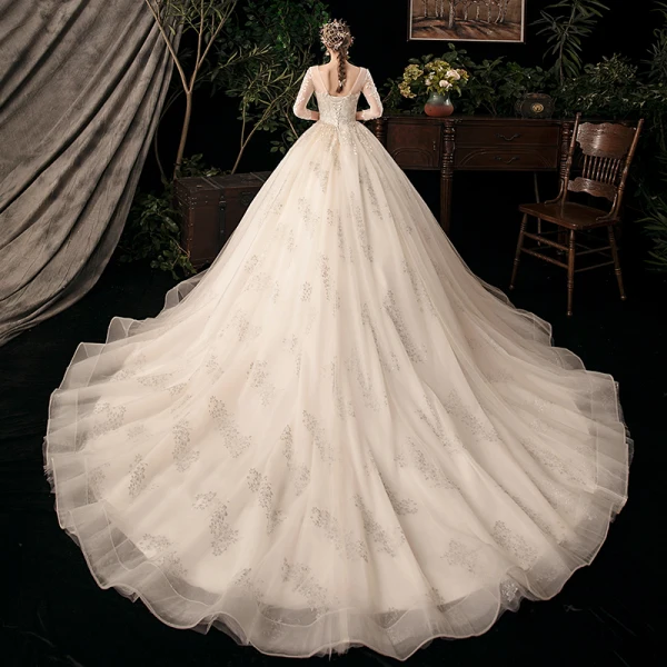 Chic / Belle Champagne Transparentes Robe De Mariée 2020 Robe Boule V-Cou 3/4 Manches Dos Nu Feuille Appliques En Dentelle Perlage Glitter Tulle Cathedral Train