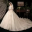 Chic / Belle Champagne Transparentes Robe De Mariée 2020 Robe Boule V-Cou 3/4 Manches Dos Nu Feuille Appliques En Dentelle Perlage Glitter Tulle Cathedral Train