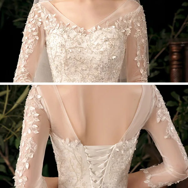 Chic / Belle Champagne Transparentes Robe De Mariée 2020 Robe Boule V-Cou 3/4 Manches Dos Nu Feuille Appliques En Dentelle Perlage Glitter Tulle Cathedral Train