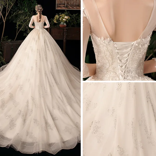 Chic / Belle Champagne Transparentes Robe De Mariée 2020 Robe Boule V-Cou 3/4 Manches Dos Nu Feuille Appliques En Dentelle Perlage Glitter Tulle Cathedral Train