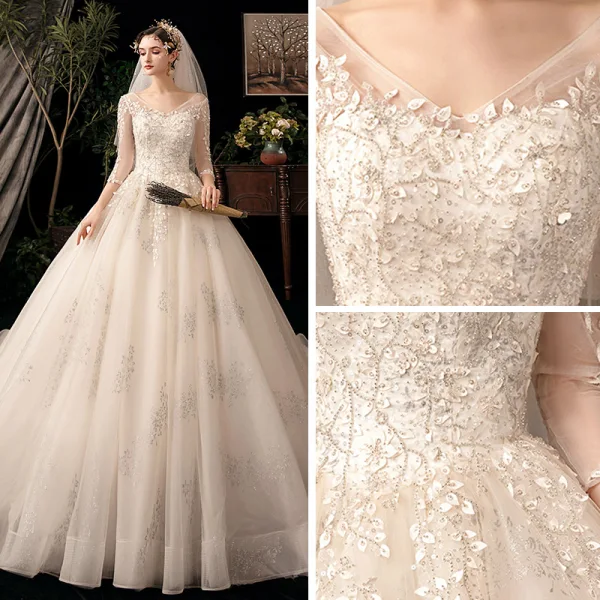 Chic / Belle Champagne Transparentes Robe De Mariée 2020 Robe Boule V-Cou 3/4 Manches Dos Nu Feuille Appliques En Dentelle Perlage Glitter Tulle Cathedral Train