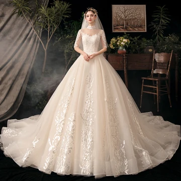 Vintage Retro Champagne Bridal Wedding Dresses 2020 Ball Gown See Through High Neck 1 2 Sleeves Backless Appliques Lace Beading Glitter Tulle Cathedral Train