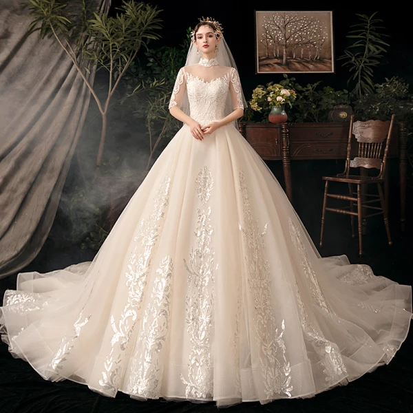Vintage / Retro Champagne Bridal Wedding Dresses 2020 Ball Gown See-through High Neck 1/2 Sleeves Backless Appliques Lace Beading Glitter Tulle Cathedral Train
