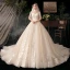 Vintage / Retro Champagne Bridal Wedding Dresses 2020 Ball Gown See-through High Neck 1/2 Sleeves Backless Appliques Lace Beading Glitter Tulle Cathedral Train