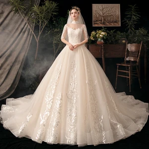 Vintage Champán Boda Vestidos De Novia 2020 Ball Gown Transparentes Cuello Alto 1 2 Ærmer Sin Espalda Apliques Con Encaje Rebordear Glitter Tul Cathedral Train