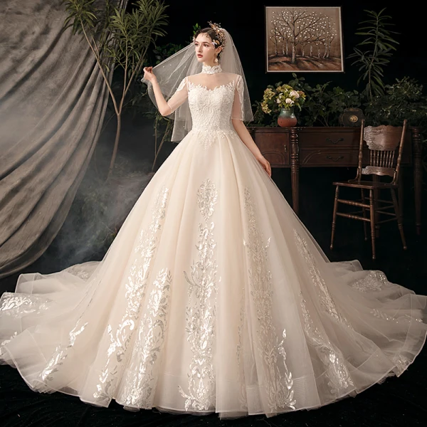 Vintage / Retro Champagne Bridal Wedding Dresses 2020 Ball Gown See-through High Neck 1/2 Sleeves Backless Appliques Lace Beading Glitter Tulle Cathedral Train