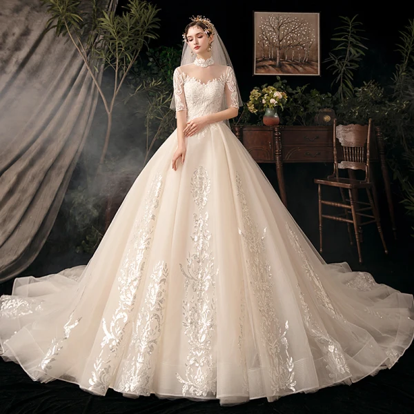 Vintage / Retro Champagne Bridal Wedding Dresses 2020 Ball Gown See-through High Neck 1/2 Sleeves Backless Appliques Lace Beading Glitter Tulle Cathedral Train