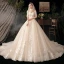 Vintage / Retro Champagne Bridal Wedding Dresses 2020 Ball Gown See-through High Neck 1/2 Sleeves Backless Appliques Lace Beading Glitter Tulle Cathedral Train