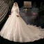 Vintage / Retro Champagne Bridal Wedding Dresses 2020 Ball Gown See-through High Neck 1/2 Sleeves Backless Appliques Lace Beading Glitter Tulle Cathedral Train