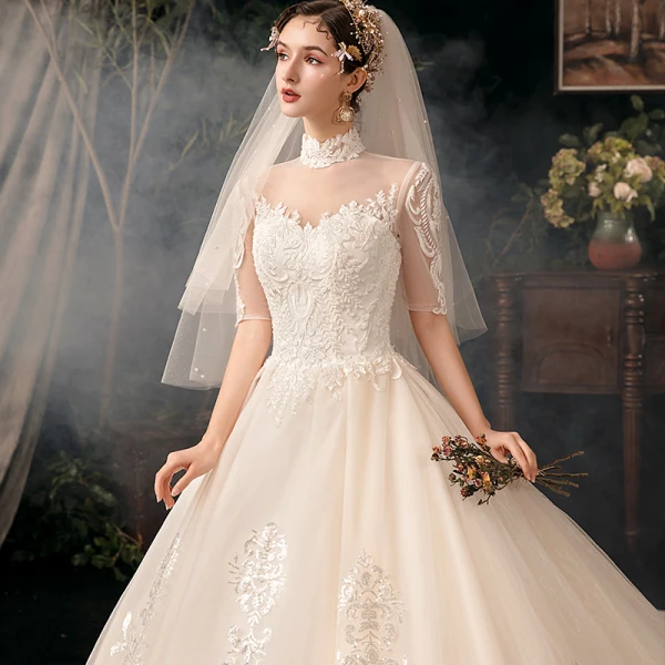 Vintage / Retro Champagne Bridal Wedding Dresses 2020 Ball Gown See-through High Neck 1/2 Sleeves Backless Appliques Lace Beading Glitter Tulle Cathedral Train