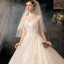 Vintage / Retro Champagne Bridal Wedding Dresses 2020 Ball Gown See-through High Neck 1/2 Sleeves Backless Appliques Lace Beading Glitter Tulle Cathedral Train