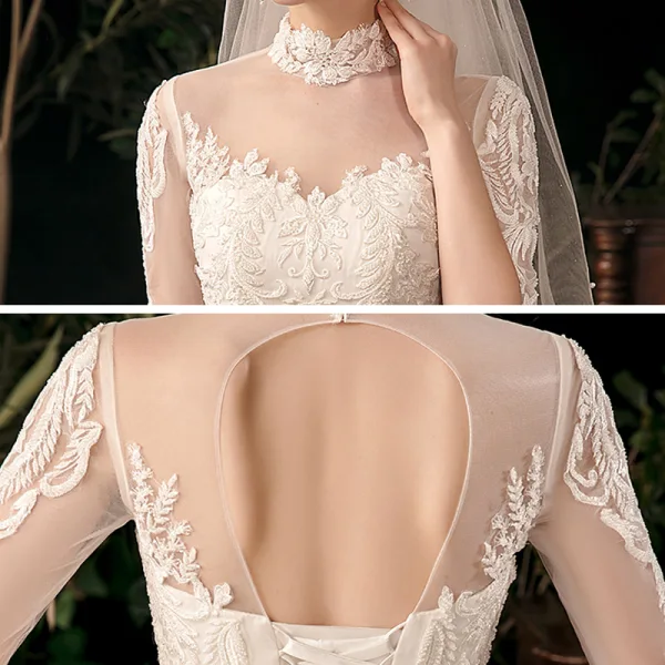 Vintage / Retro Champagne Bridal Wedding Dresses 2020 Ball Gown See-through High Neck 1/2 Sleeves Backless Appliques Lace Beading Glitter Tulle Cathedral Train