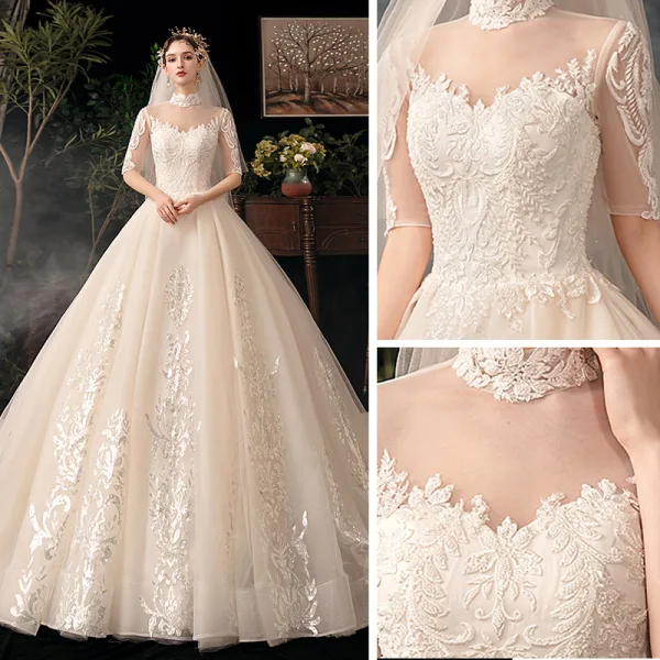 Vintage / Retro Champagne Bridal Wedding Dresses 2020 Ball Gown See-through High Neck 1/2 Sleeves Backless Appliques Lace Beading Glitter Tulle Cathedral Train