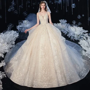 Romantic Champagne Bridal Wedding Dresses 2020 Ball Gown Spaghetti Straps Sleeveless Backless Leaf Appliques Lace Sequins Beading Cathedral Train Ruffle