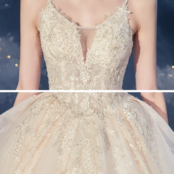 Romantic Champagne Bridal Wedding Dresses 2020 Ball Gown Spaghetti Straps Sleeveless Backless Leaf Appliques Lace Sequins Beading Cathedral Train Ruffle