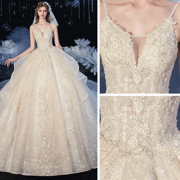 Romantic Champagne Bridal Wedding Dresses 2020 Ball Gown Spaghetti Straps Sleeveless Backless Leaf Appliques Lace Sequins Beading Cathedral Train Ruffle