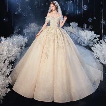 Chic Beautiful Champagne Bridal Wedding Dresses 2020 Ball Gown Off The Shoulder Short Sleeve Backless Appliques Lace Beading Tassel Cathedral Train Ruffle