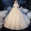 Chic / Belle Champagne La Mariée Robe De Mariée 2020 Robe Boule De l'épaule Manches Courtes Dos Nu Appliques En Dentelle Perlage Gland Cathedral Train Volants